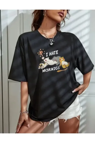Bisiklet Yaka Baskılı Oversize T-Shirt - Siyah Bisiklet Yaka Baskılı Oversize T-Shirt - Siyah