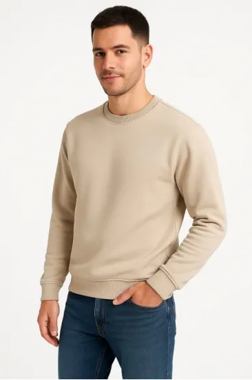 Erkek Üç İplik Düz Bisiklet Yaka SweatShirt - Bej Erkek Üç İplik Düz Bisiklet Yaka SweatShirt - Bej
