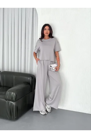 Osy Modal Yumuşak Dokulu Kumaş Bisiklet Yaka T-shirt  Bol Paça Pantalon Ikili Takım - Boyalı Gri