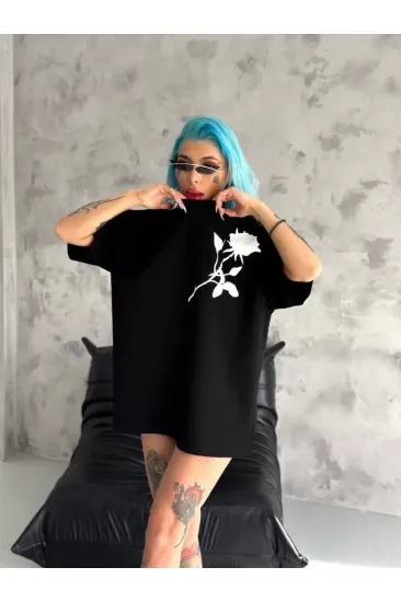 Unisex Bisiklet Yaka Baskılı Oversize T-Shirt - Siyah Unisex Bisiklet Yaka Baskılı Oversize T-Shirt - Siyah