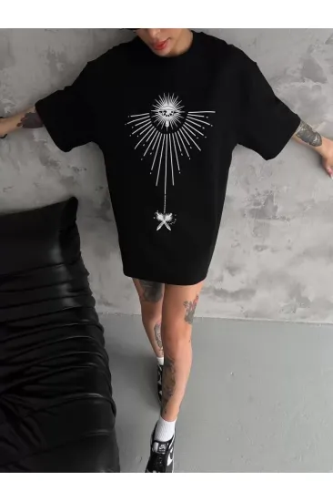 Unisex Bisiklet Yaka Baskılı Oversize T-Shirt - Siyah Unisex Bisiklet Yaka Baskılı Oversize T-Shirt - Siyah