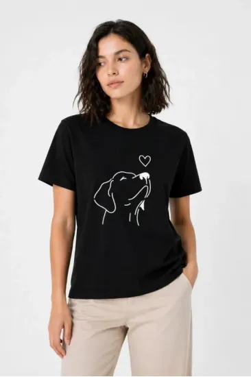 Köpek Figürlü Minimal Baskılı Tişört Kısa Kol Yazlık T-Shirt - Siyah Köpek Figürlü Minimal Baskılı Tişört Kısa Kol Yazlık T-Shirt - Siyah