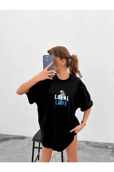 Unisex Bisiklet Yaka Baskılı Oversize T-Shirt - Siyah Unisex Bisiklet Yaka Baskılı Oversize T-Shirt - Siyah