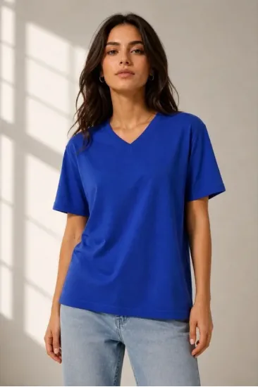 V Yaka Basic Tişört Kısa Kol Yazlık Regular Fit T-Shirt - Saks Mavisi V Yaka Basic Tişört Kısa Kol Yazlık Regular Fit T-Shirt - Saks Mavisi