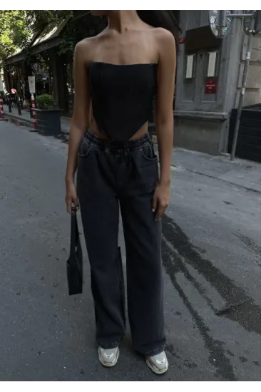 Arkadan Yırtmaçlı Jeans Kot Palazzo Pantolon - Siyah Arkadan Yırtmaçlı Jeans Kot Palazzo Pantolon - Siyah