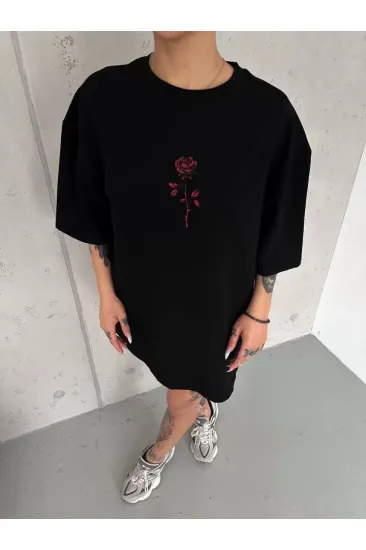 Unisex Bisiklet Yaka Baskılı Oversize T-Shirt - Siyah Unisex Bisiklet Yaka Baskılı Oversize T-Shirt - Siyah