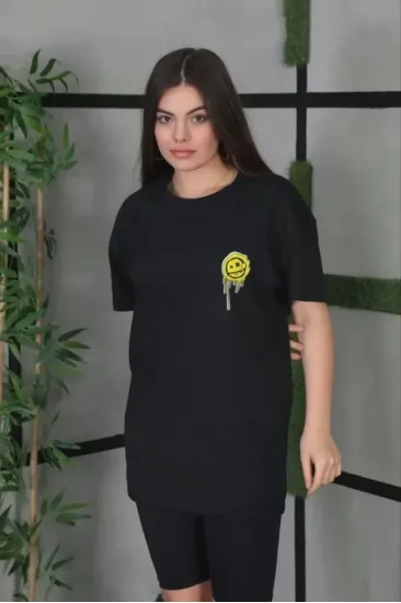 Unisex Bisiklet Yaka Baskılı Oversize T-Shirt - Siyah Unisex Bisiklet Yaka Baskılı Oversize T-Shirt - Siyah