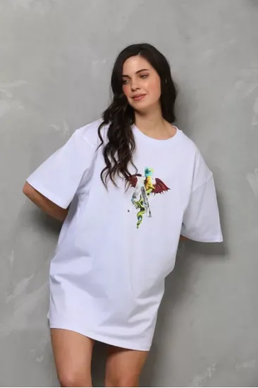 Unisex Bisiklet Yaka Baskılı Oversize T-Shirt - Beyaz Unisex Bisiklet Yaka Baskılı Oversize T-Shirt - Beyaz