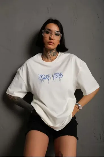 Unisex Bisiklet Yaka Baskılı Oversize T-Shirt - Beyaz Unisex Bisiklet Yaka Baskılı Oversize T-Shirt - Beyaz