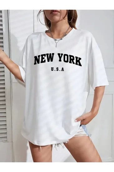 New York Baskılı Oversize Bisiklet Yaka T-shirt - Beyaz New York Baskılı Oversize Bisiklet Yaka T-shirt - Beyaz