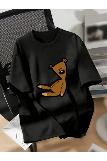 Baskılı Oversize Bisiklet Yaka T-shirt - Siyah Baskılı Oversize Bisiklet Yaka T-shirt - Siyah
