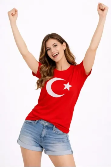 T-Shirt Kısa Kol Bisiklet Yaka Ay Yıldız Bayrak Baskılı Tişört - Kırmızı T-Shirt Kısa Kol Bisiklet Yaka Ay Yıldız Bayrak Baskılı Tişört - Kırmızı