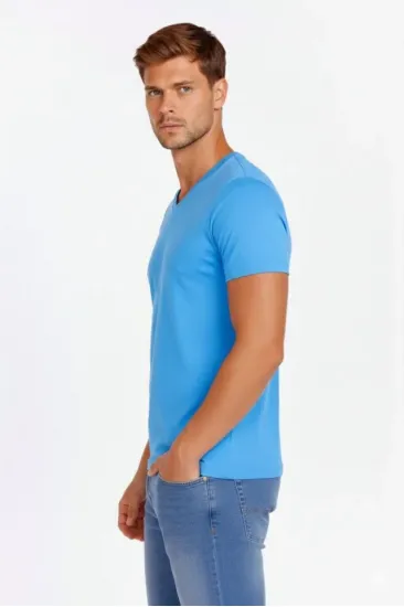 Erkek T-Shirt V Yaka Slim Fit Dar Kesim Likralı Tişört Günlük Basic Body - Açık Mavi