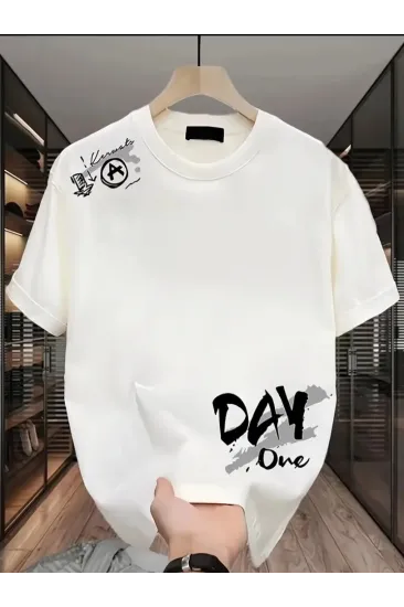 Baskılı Oversize Bisiklet Yaka T-shirt - Beyaz