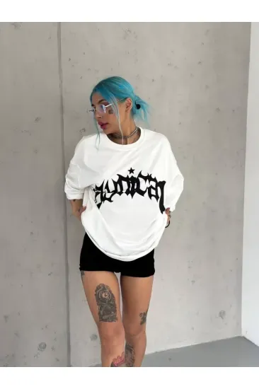 Unisex Bisiklet Yaka Baskılı Oversize T-Shirt - Beyaz Unisex Bisiklet Yaka Baskılı Oversize T-Shirt - Beyaz
