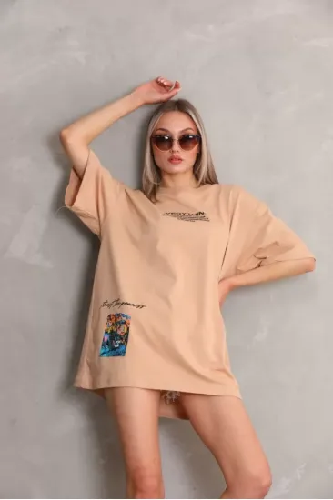Unisex Bisiklet Yaka Baskılı Oversize T-Shirt - Bej Unisex Bisiklet Yaka Baskılı Oversize T-Shirt - Bej