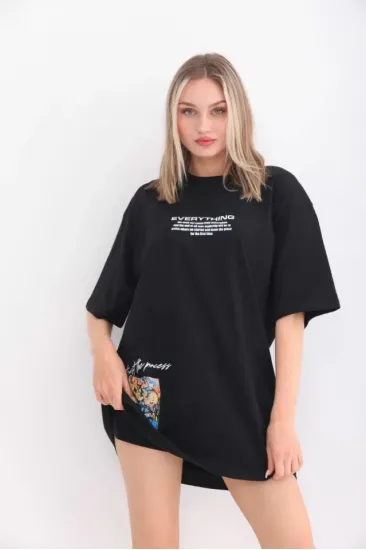 Unisex Bisiklet Yaka Baskılı Oversize T-Shirt - Siyah Unisex Bisiklet Yaka Baskılı Oversize T-Shirt - Siyah
