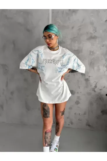 Unisex Bisiklet Yaka Baskılı Oversize T-Shirt - Beyaz Unisex Bisiklet Yaka Baskılı Oversize T-Shirt - Beyaz