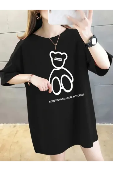 Baskılı Oversize Bisiklet Yaka T-shirt - Siyah Baskılı Oversize Bisiklet Yaka T-shirt - Siyah