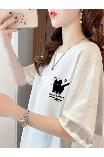 Baskılı Oversize Bisiklet Yaka T-shirt - Beyaz Baskılı Oversize Bisiklet Yaka T-shirt - Beyaz