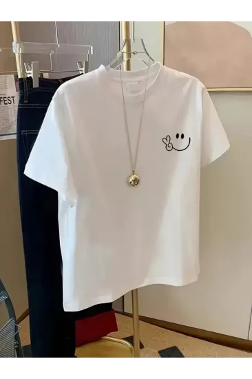 Baskılı Oversize Bisiklet Yaka T-shirt - Beyaz Baskılı Oversize Bisiklet Yaka T-shirt - Beyaz
