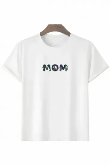 Anneler Günü Hediye Mom Çiçek Baskılı Oversize Bisiklet Yaka T-shirt - Beyaz Anneler Günü Hediye Mom Çiçek Baskılı Oversize Bisiklet Yaka T-shirt - Beyaz
