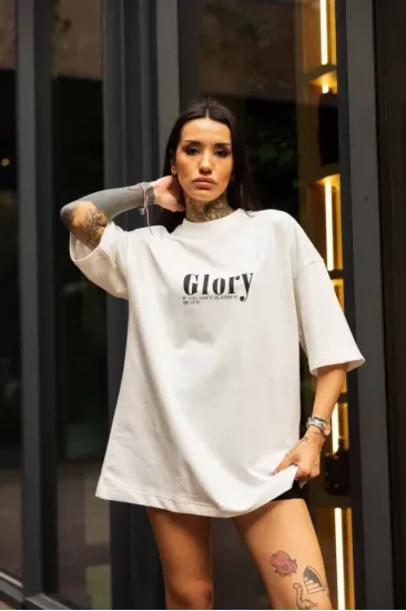Unisex Bisiklet Yaka Baskılı Oversize T-Shirt - Beyaz Unisex Bisiklet Yaka Baskılı Oversize T-Shirt - Beyaz