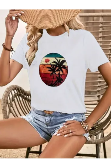 Kadın Kısa Kollu Palmiye Baskılı Viskon T-shirt Kadın Kısa Kollu Palmiye Baskılı Viskon T-shirt