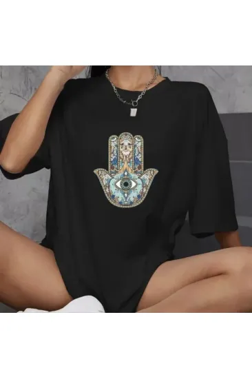 Unisex Bisiklet Yaka Baskılı Oversize T-Shirt - Siyah Unisex Bisiklet Yaka Baskılı Oversize T-Shirt - Siyah