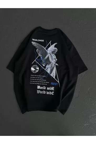 Unisex Bisiklet Yaka Baskılı Oversize T-Shirt - Siyah Unisex Bisiklet Yaka Baskılı Oversize T-Shirt - Siyah