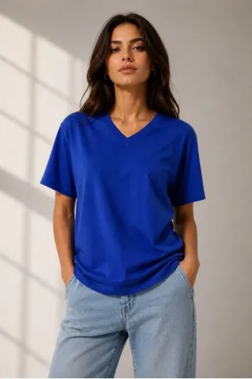 V Yaka Basic Tişört Kısa Kol Yazlık Regular Fit T-Shirt - Saks Mavisi V Yaka Basic Tişört Kısa Kol Yazlık Regular Fit T-Shirt - Saks Mavisi