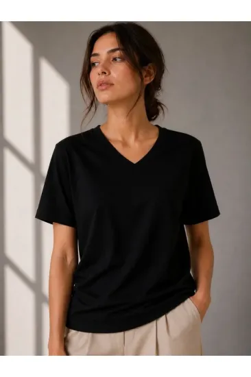 V Yaka Basic Tişört Kısa Kol Yazlık Regular Fit T-Shirt - Siyah V Yaka Basic Tişört Kısa Kol Yazlık Regular Fit T-Shirt - Siyah