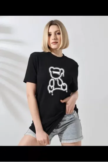 Unisex Bisiklet Yaka Baskılı T-Shirt - Siyah Unisex Bisiklet Yaka Baskılı T-Shirt - Siyah
