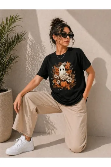 Balkabağı Hayalet Baskılı Tişört Kısa Kol Yazlık T-Shirt - Siyah Balkabağı Hayalet Baskılı Tişört Kısa Kol Yazlık T-Shirt - Siyah