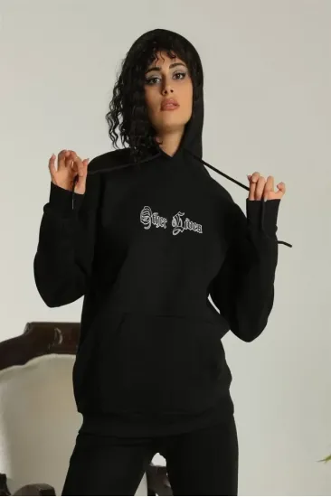 Sırt Baskılı Oversize Üç İplik Kapüşonlu Sweatshirt - Siyah Sırt Baskılı Oversize Üç İplik Kapüşonlu Sweatshirt - Siyah