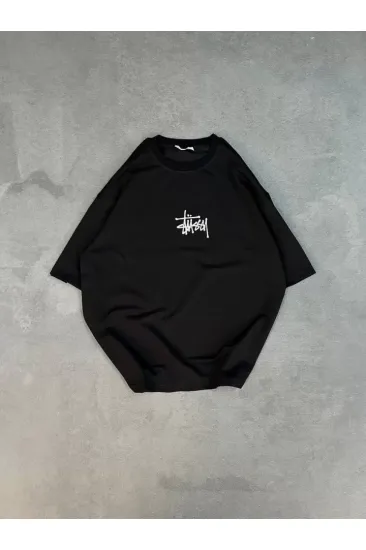 Unisex Bisiklet Yaka Baskılı Oversize T-Shirt - Siyah Unisex Bisiklet Yaka Baskılı Oversize T-Shirt - Siyah
