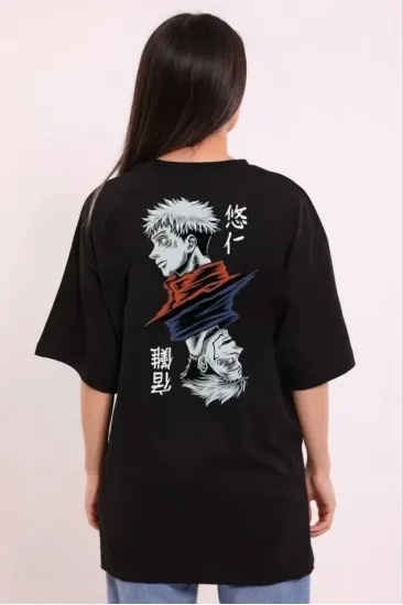 Unisex Bisiklet Yaka Baskılı Oversize T-Shirt - Siyah Unisex Bisiklet Yaka Baskılı Oversize T-Shirt - Siyah