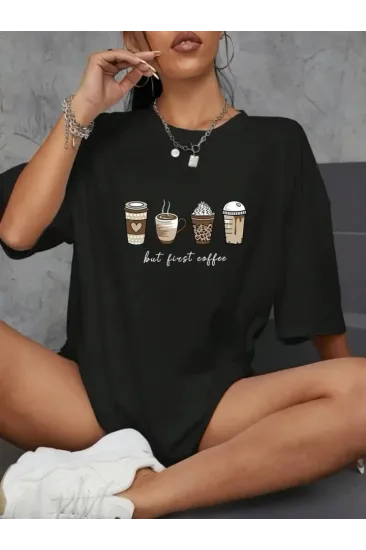Baskılı Oversize Bisiklet Yaka T-shirt - Siyah Baskılı Oversize Bisiklet Yaka T-shirt - Siyah