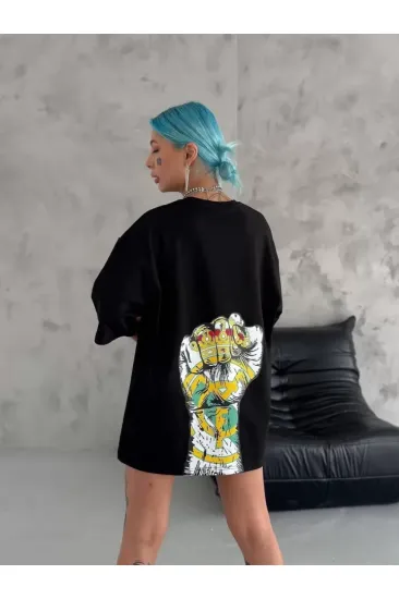 Unisex Bisiklet Yaka Baskılı Oversize T-Shirt - Siyah Unisex Bisiklet Yaka Baskılı Oversize T-Shirt - Siyah