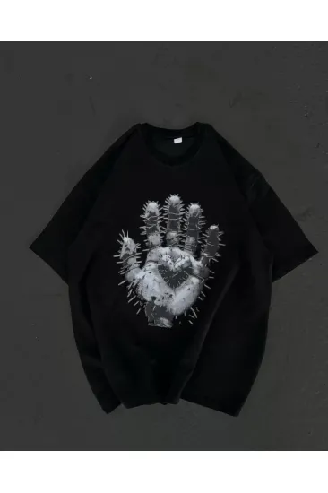 Unisex Bisiklet Yaka Baskılı Oversize T-Shirt - Siyah Unisex Bisiklet Yaka Baskılı Oversize T-Shirt - Siyah