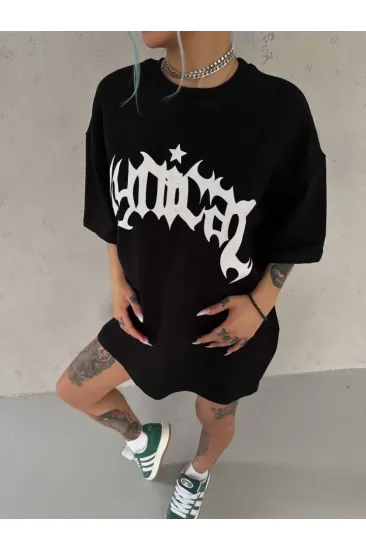 Unisex Bisiklet Yaka Baskılı Oversize T-Shirt - Siyah Unisex Bisiklet Yaka Baskılı Oversize T-Shirt - Siyah