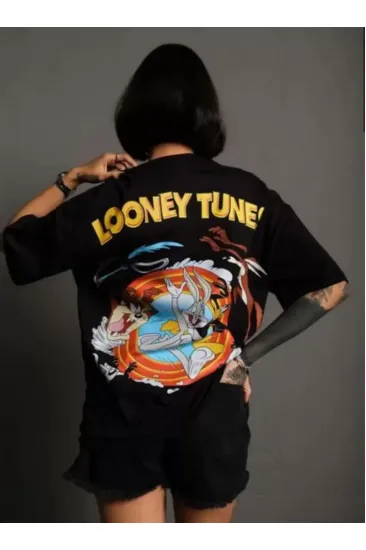 Unisex Bisiklet Yaka Baskılı Oversize T-Shirt - Siyah Unisex Bisiklet Yaka Baskılı Oversize T-Shirt - Siyah