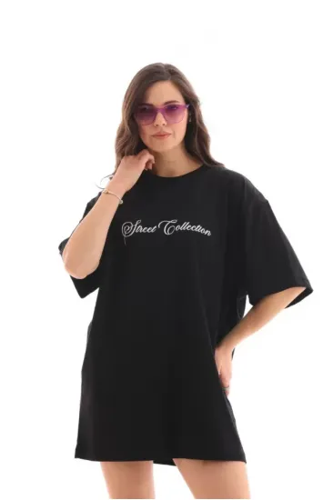 Unisex Bisiklet Yaka Baskılı Oversize T-Shirt - Siyah Unisex Bisiklet Yaka Baskılı Oversize T-Shirt - Siyah