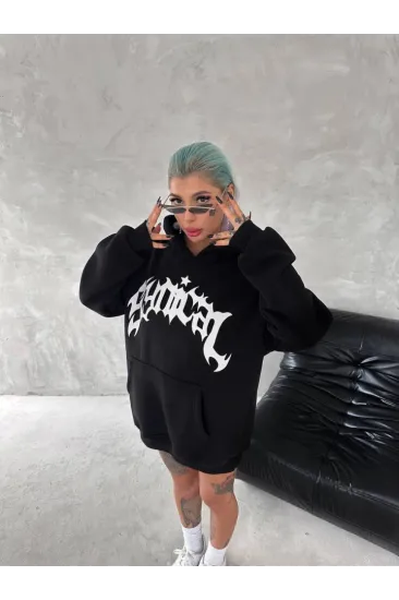Unisex Üç İplik Kapşonlu Baskılı SweatShirt - Siyah Unisex Üç İplik Kapşonlu Baskılı SweatShirt - Siyah