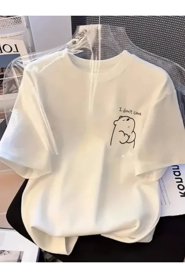Baskılı Oversize Bisiklet Yaka T-shirt - Beyaz