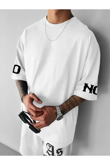 Baskılı Oversize Bisiklet Yaka T-shirt - Beyaz Baskılı Oversize Bisiklet Yaka T-shirt - Beyaz