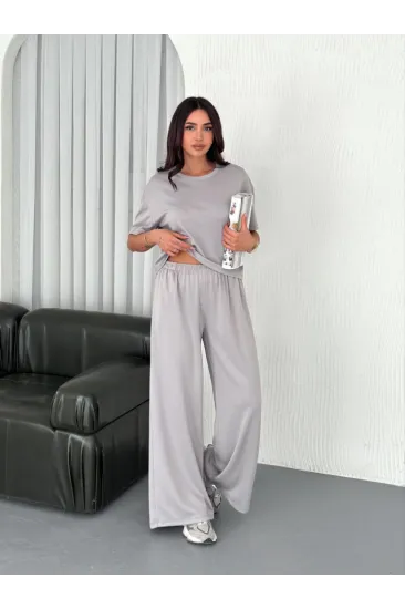 Osy Modal Yumuşak Dokulu Kumaş Bisiklet Yaka T-shirt  Bol Paça Pantalon Ikili Takım - Boyalı Gri