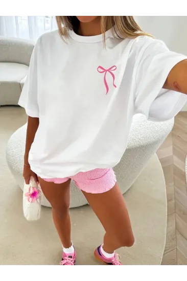 Fiyonk Baskılı Oversize Bisiklet Yaka T-shirt - Beyaz Fiyonk Baskılı Oversize Bisiklet Yaka T-shirt - Beyaz