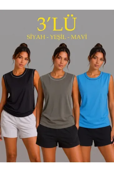 3’lü Kolsuz Sporcu Atlet Seti Yazlık Bisiklet Yaka - Siyah, Haki, Mavi 3’lü Kolsuz Sporcu Atlet Seti Yazlık Bisiklet Yaka - Siyah, Haki, Mavi