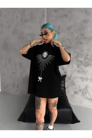 Unisex Bisiklet Yaka Baskılı Oversize T-Shirt - Siyah Unisex Bisiklet Yaka Baskılı Oversize T-Shirt - Siyah